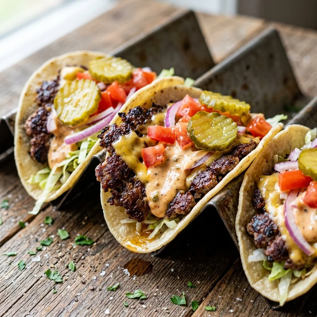 Delicious smash burger tacos served with fresh toppings and sauces.