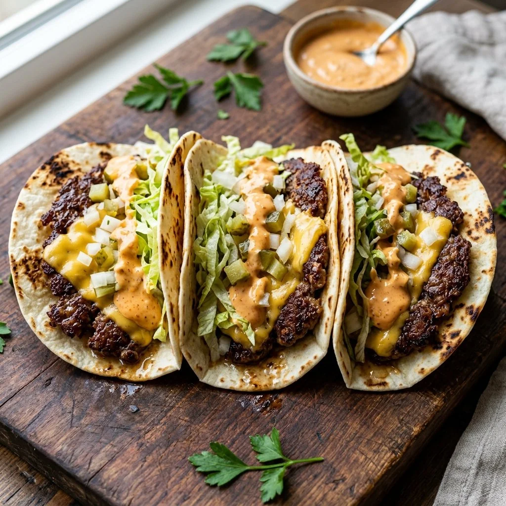 Delicious smash burger tacos served with fresh toppings and sauces