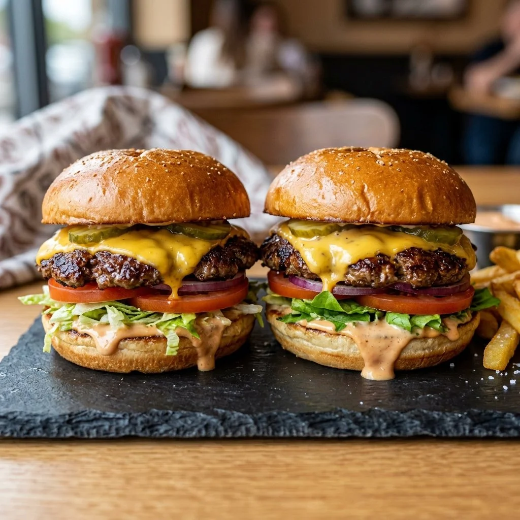 Delicious homemade smash burgers with toppings and sauces served on a plate