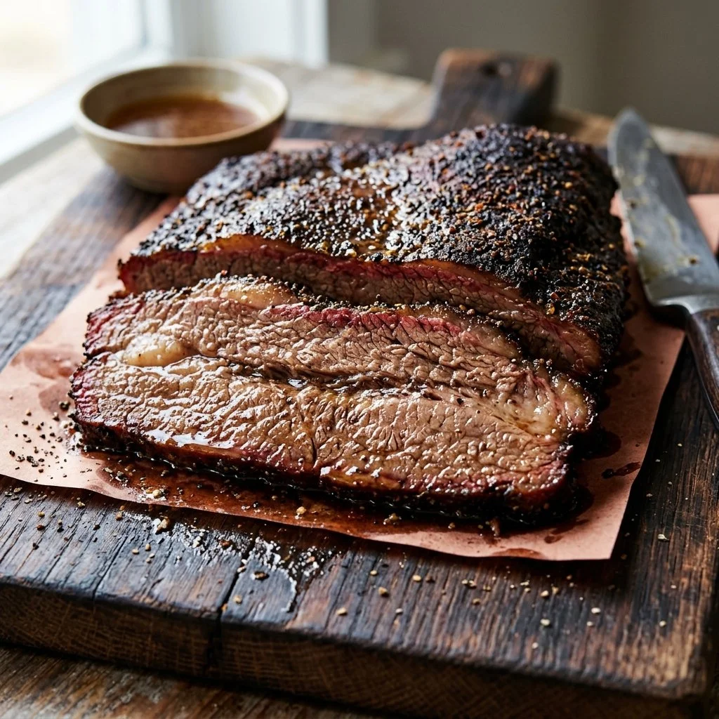 Delicious smoked beef brisket cooked to perfection, showcasing a smoky crust and juicy interior.