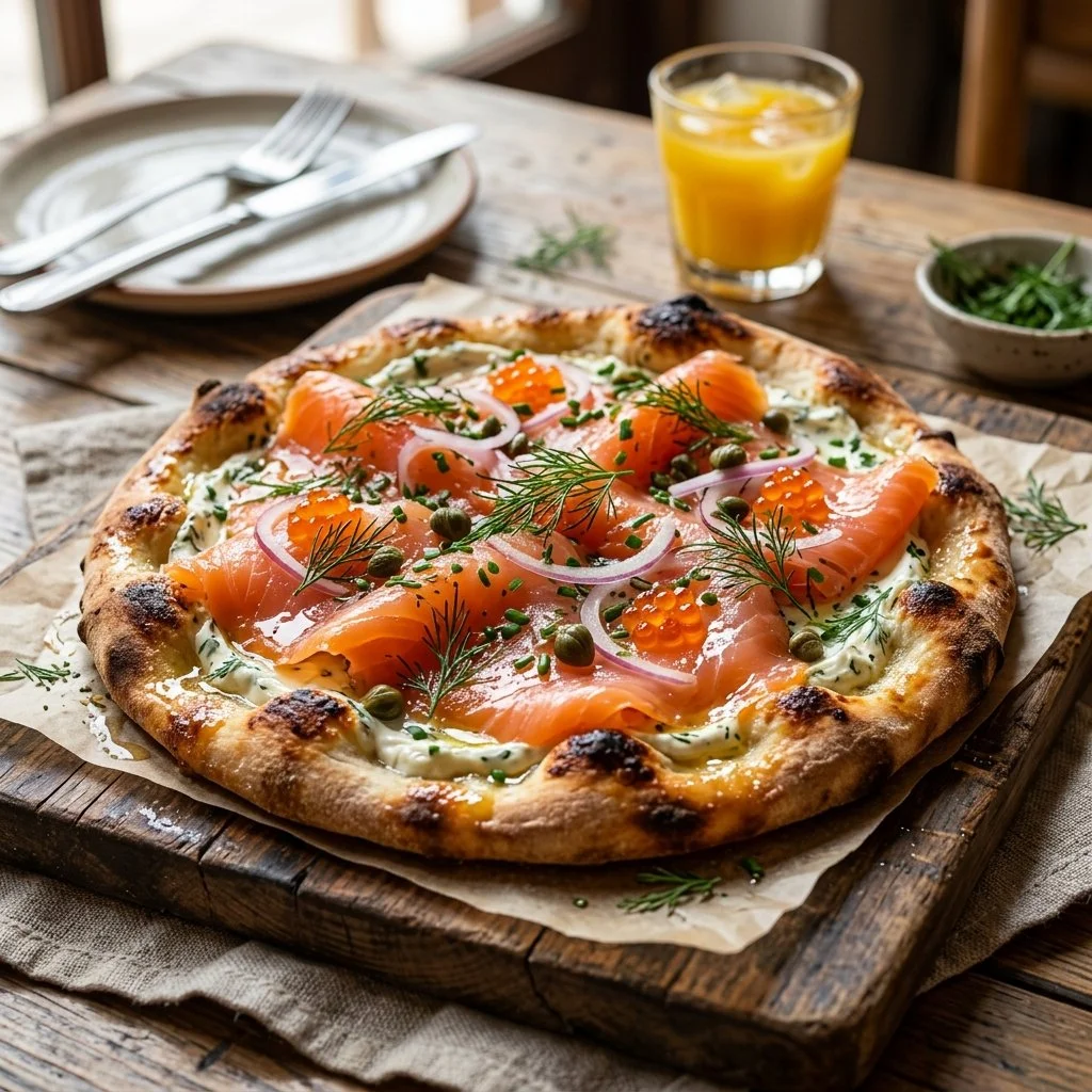 Delicious smoked salmon breakfast flatbread topped with fresh ingredients