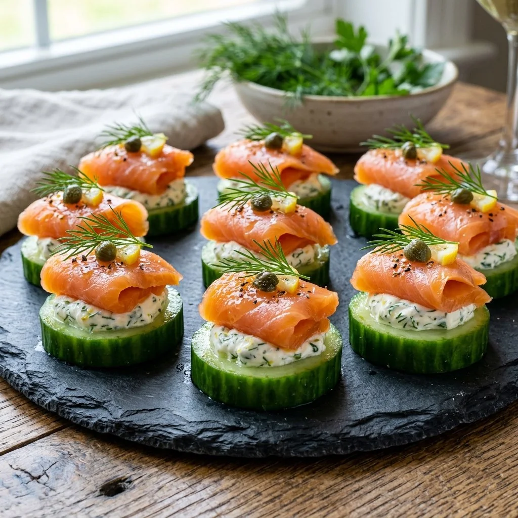 Smoked salmon cucumber bites appetizer on a platter, garnished elegantly.