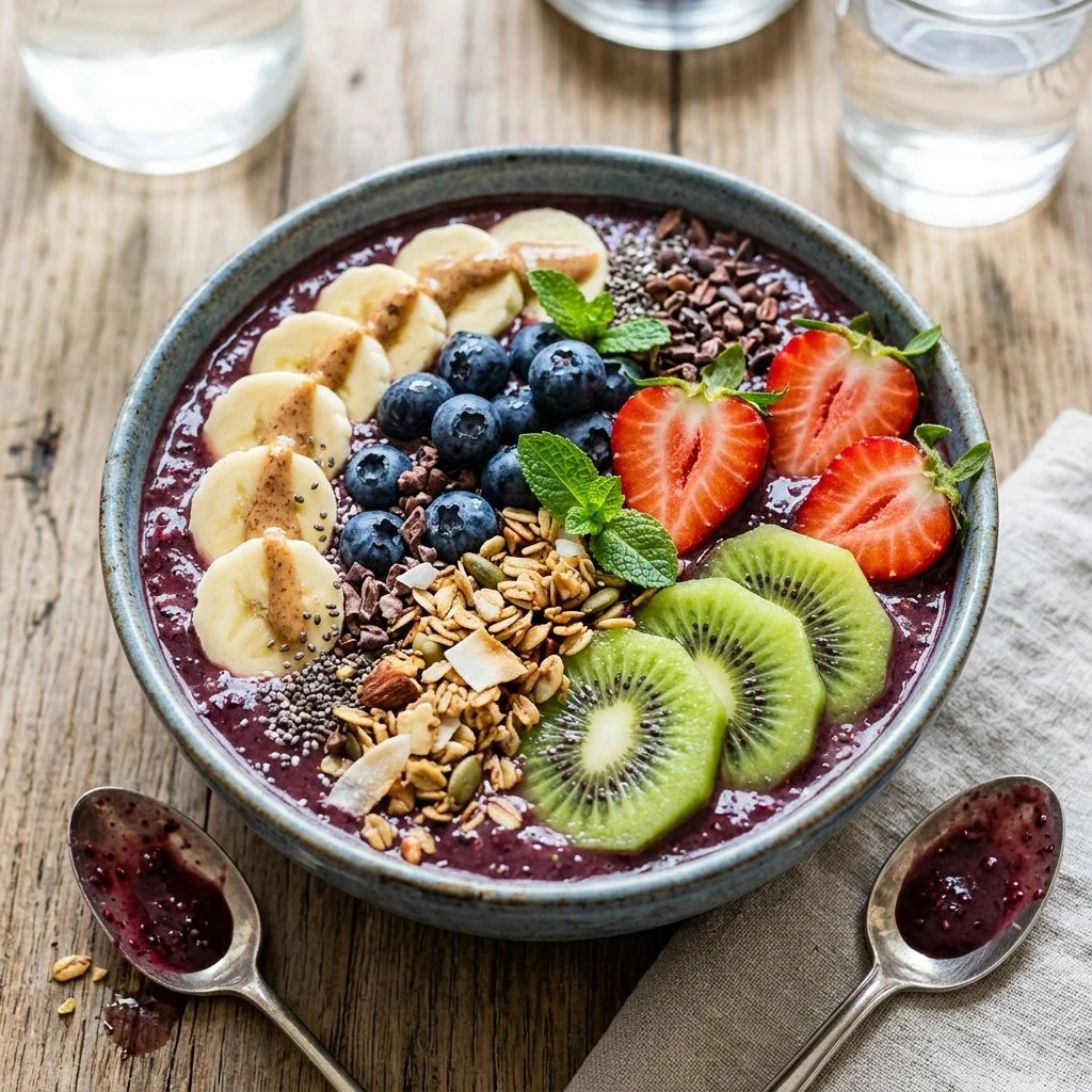 Colorful and nutritious smoothie bowls topped with fresh fruits and seeds