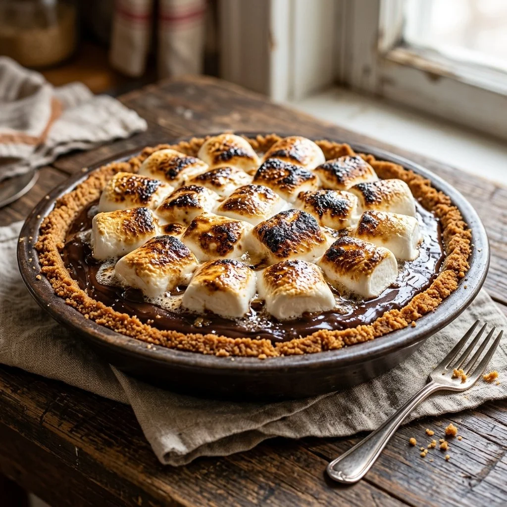 Decadent S'mores Pie topped with chocolate and marshmallows on a graham cracker crust