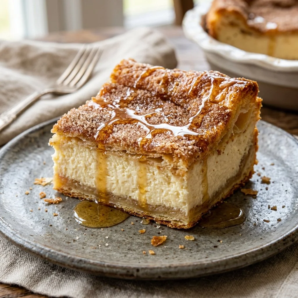 Delicious Sopapilla Cheesecake served on a plate with a drizzle of honey