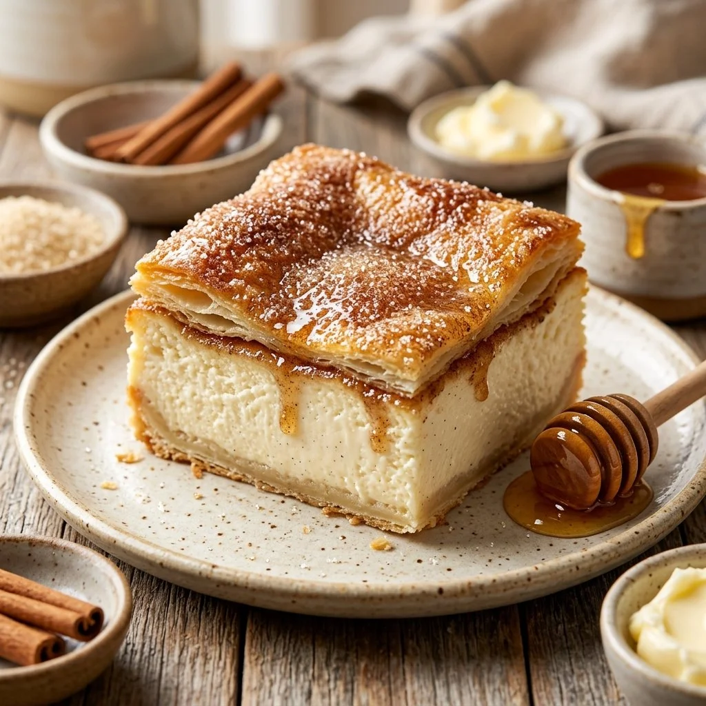 Sopapilla Cheesecake with cinnamon and cream cheese in a golden crust