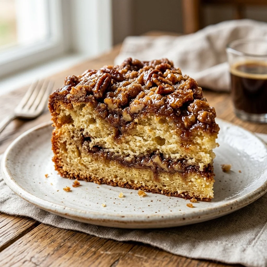 Deliciously moist sour cream coffee cake with a crumb topping and vibrant flavor