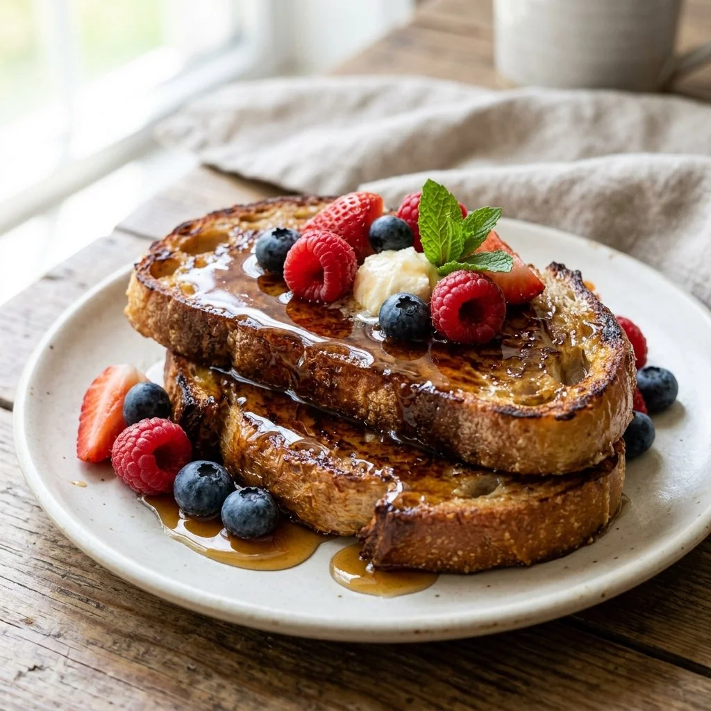 Deliciously golden sourdough French toast topped with fresh fruit
