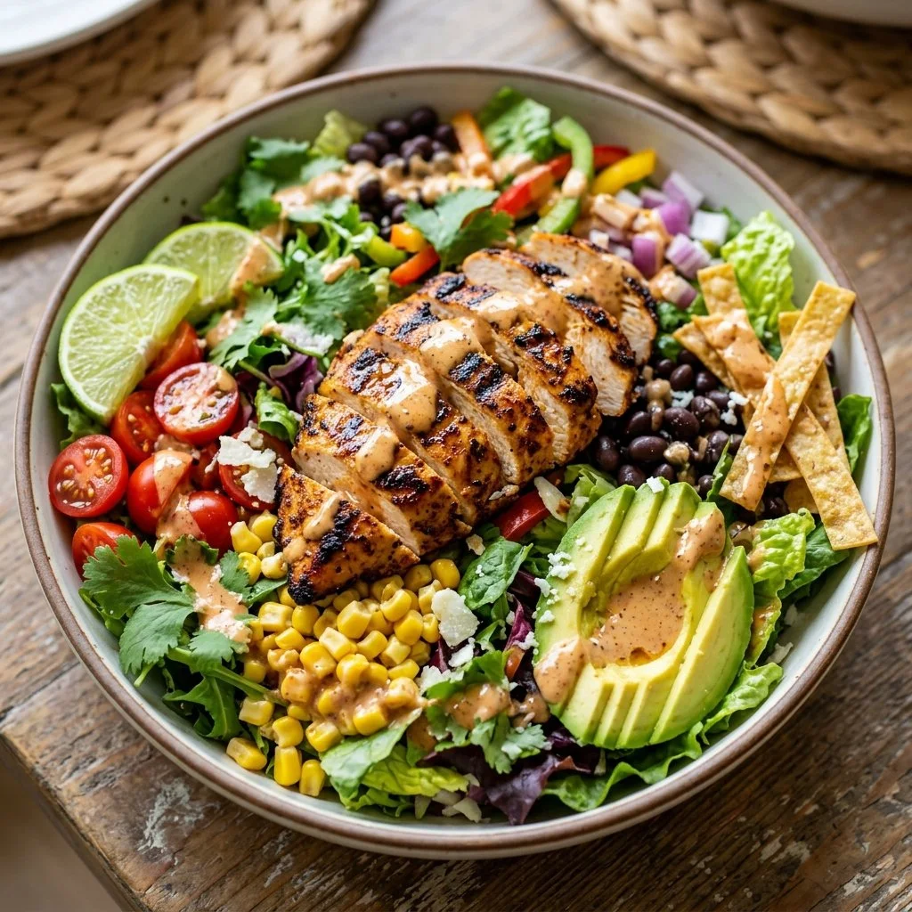 Colorful Southwest Chicken Salad with grilled chicken, beans, corn, and avocado.