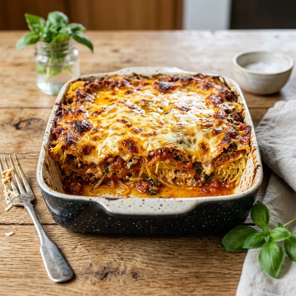 Delicious homemade spaghetti squash lasagna served in a baking dish.