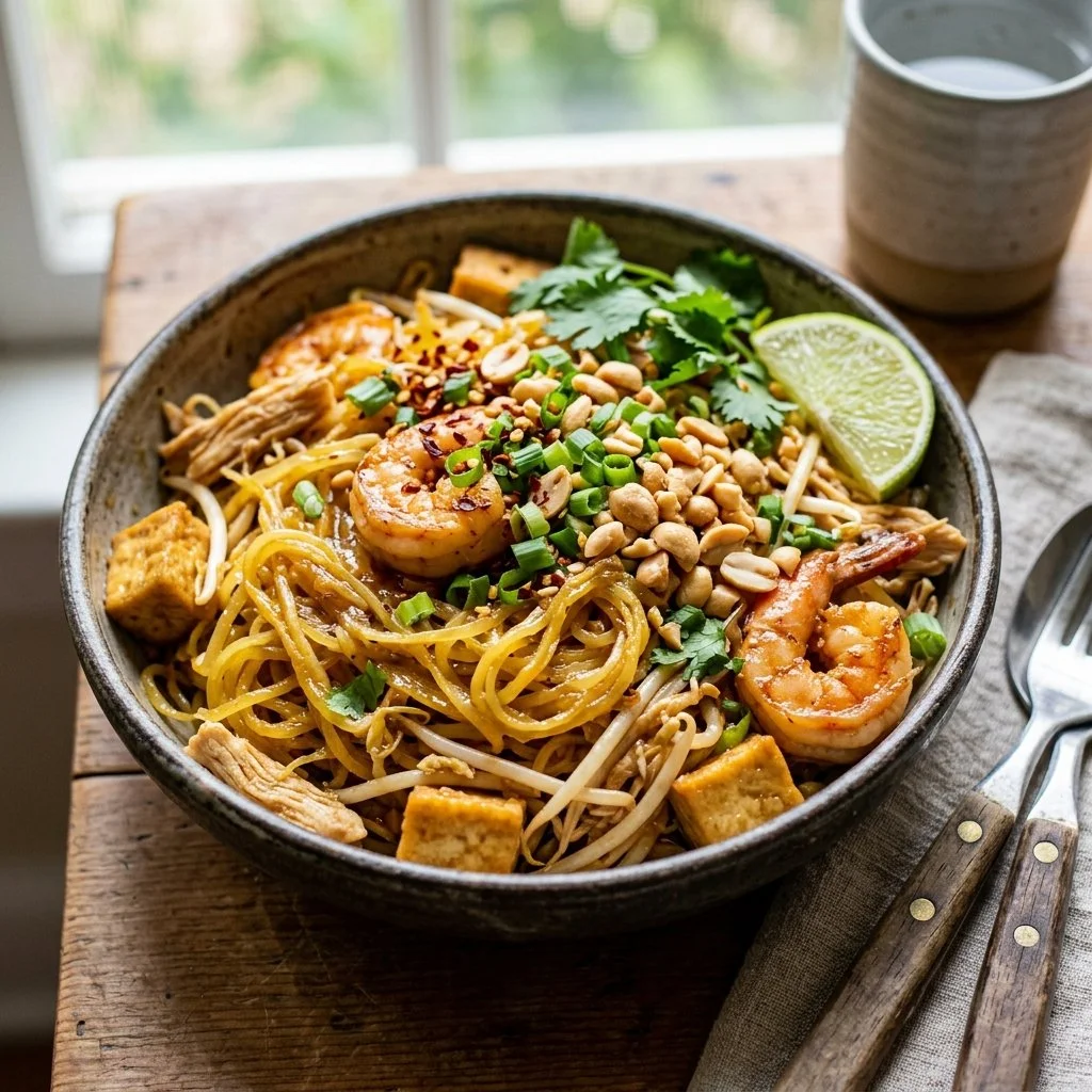 Delicious Spaghetti Squash Pad Thai served with fresh vegetables and peanuts
