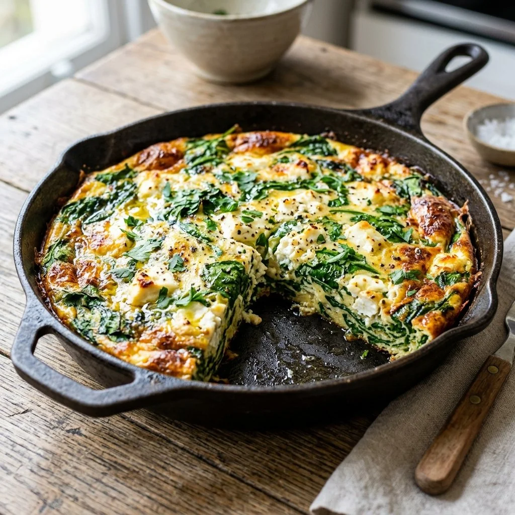 A delicious Spinach and Feta Frittata served on a plate with fresh herbs.