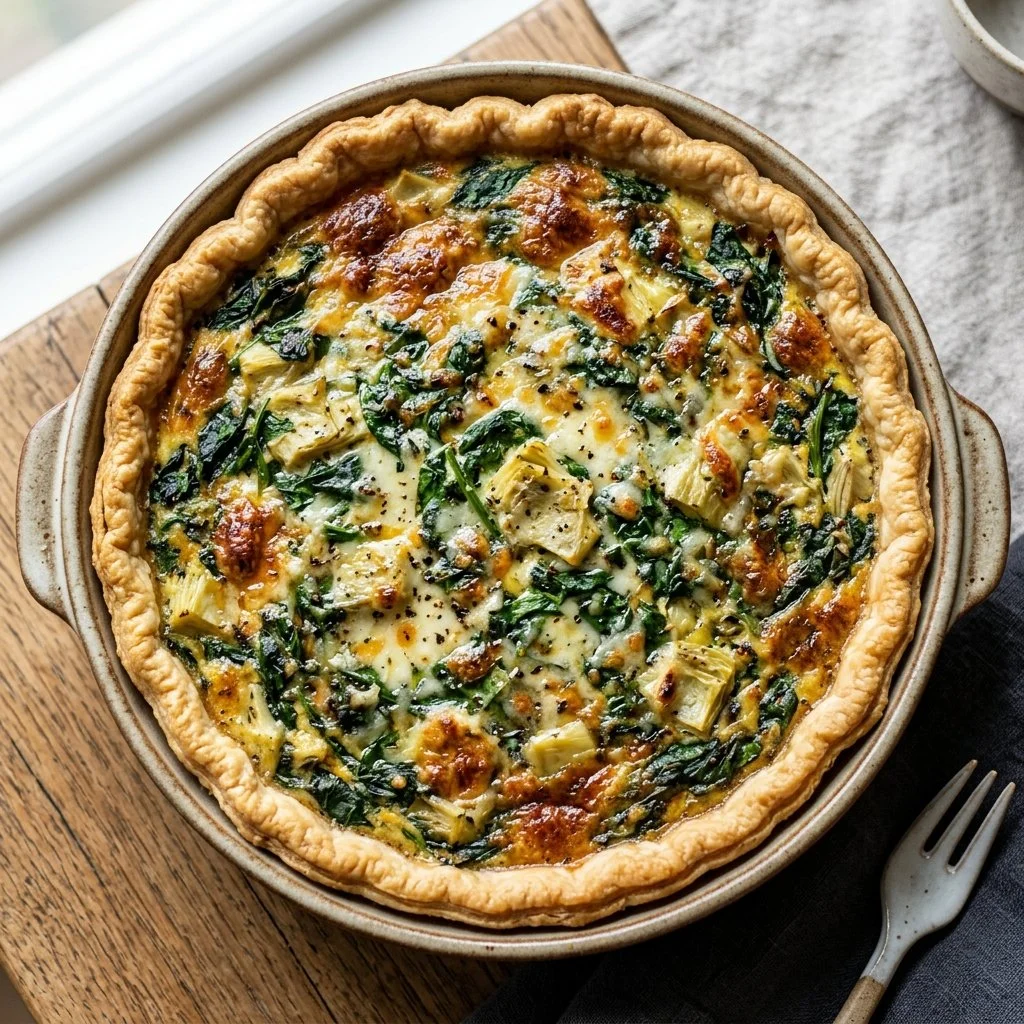 Delicious spinach artichoke breakfast quiche served on a plate