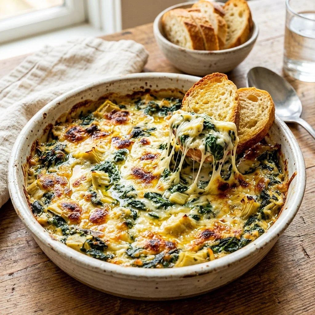 Delicious Spinach Artichoke Dip served in a bowl with crispy tortilla chips