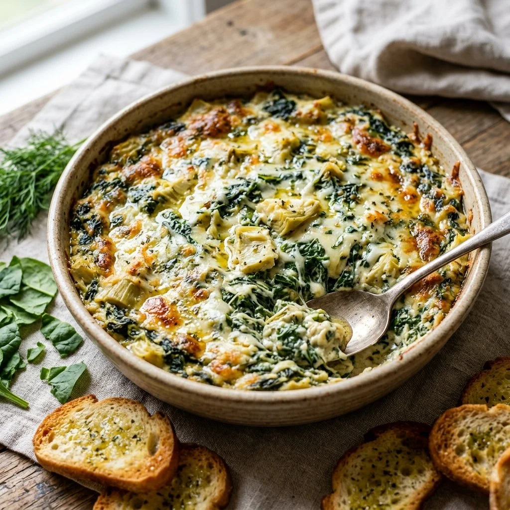 Creamy spinach artichoke dip with cheese served in a bowl