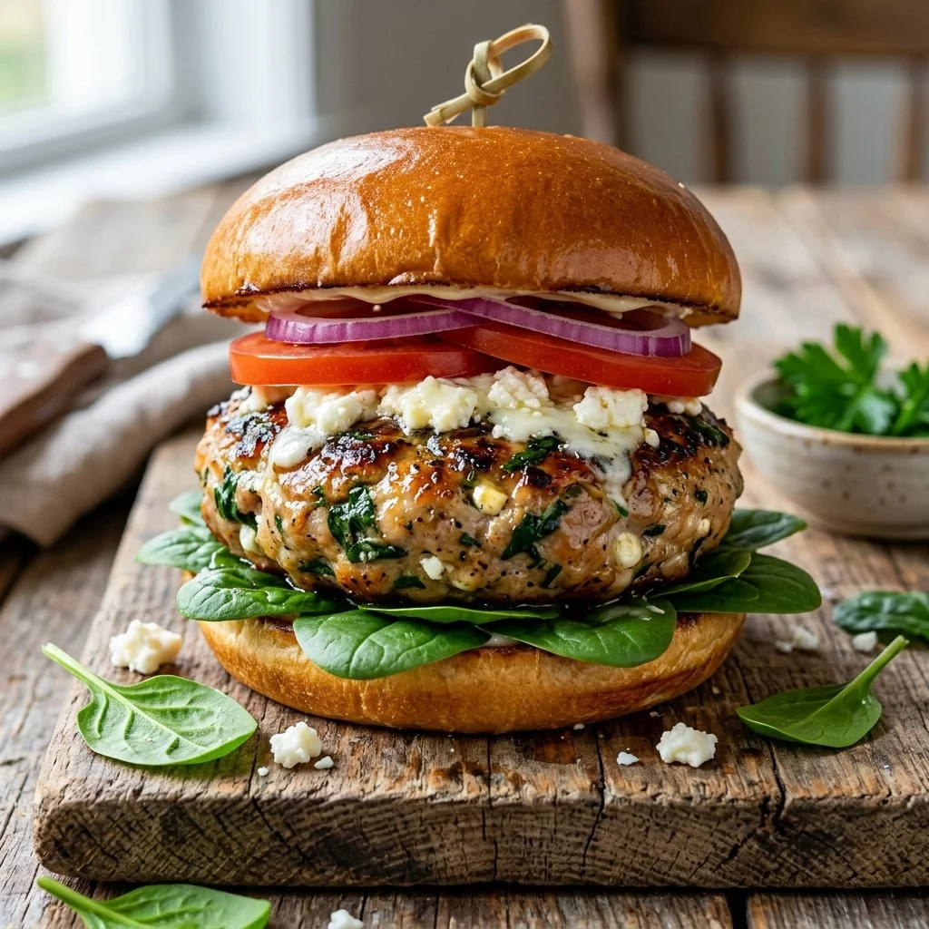 Spinach feta turkey burger with fresh ingredients on a plate