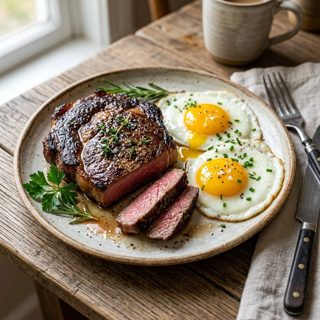 Delicious steak and eggs served on a plate, perfect for breakfast.