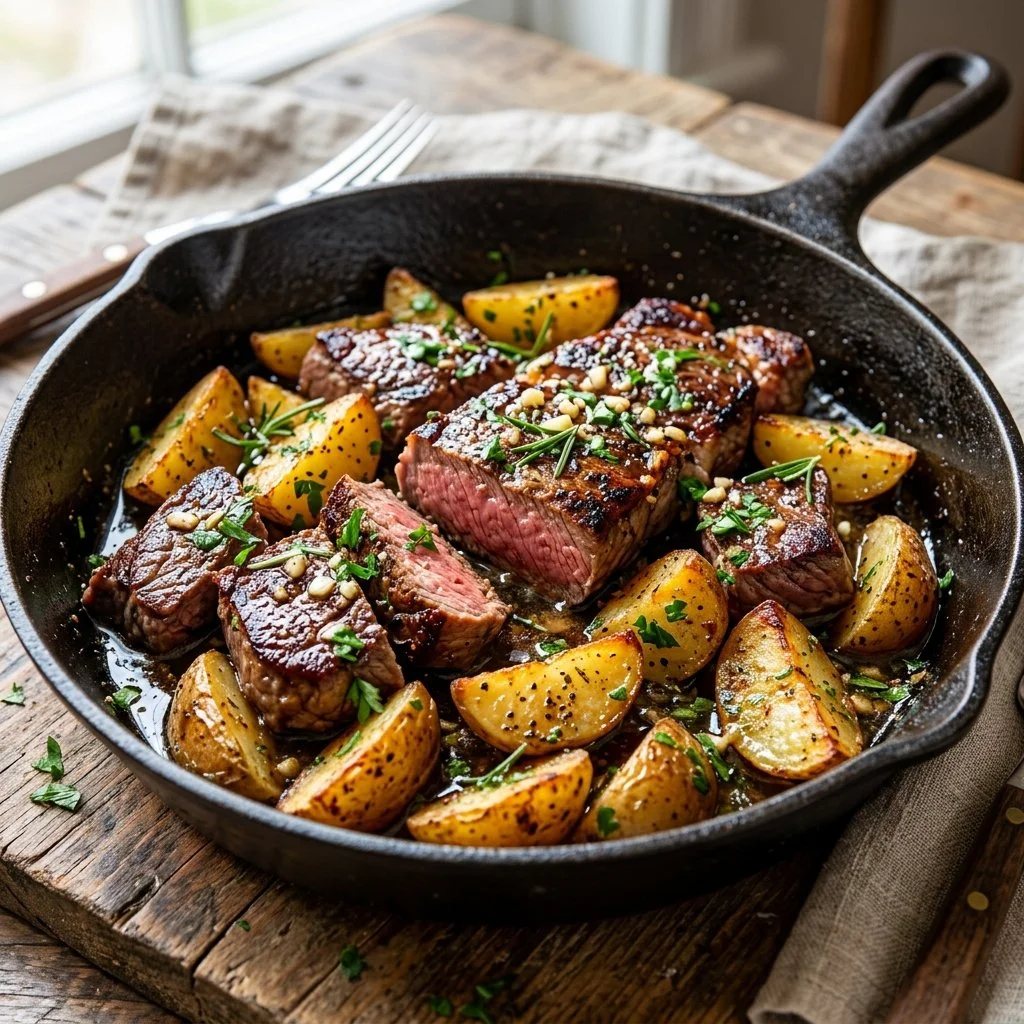 Steak and Potato Skillet served in a cast iron pan with fresh herbs