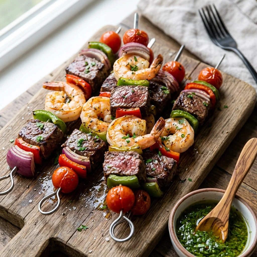 Deliciously grilled Steak and Shrimp Kabobs served on skewers