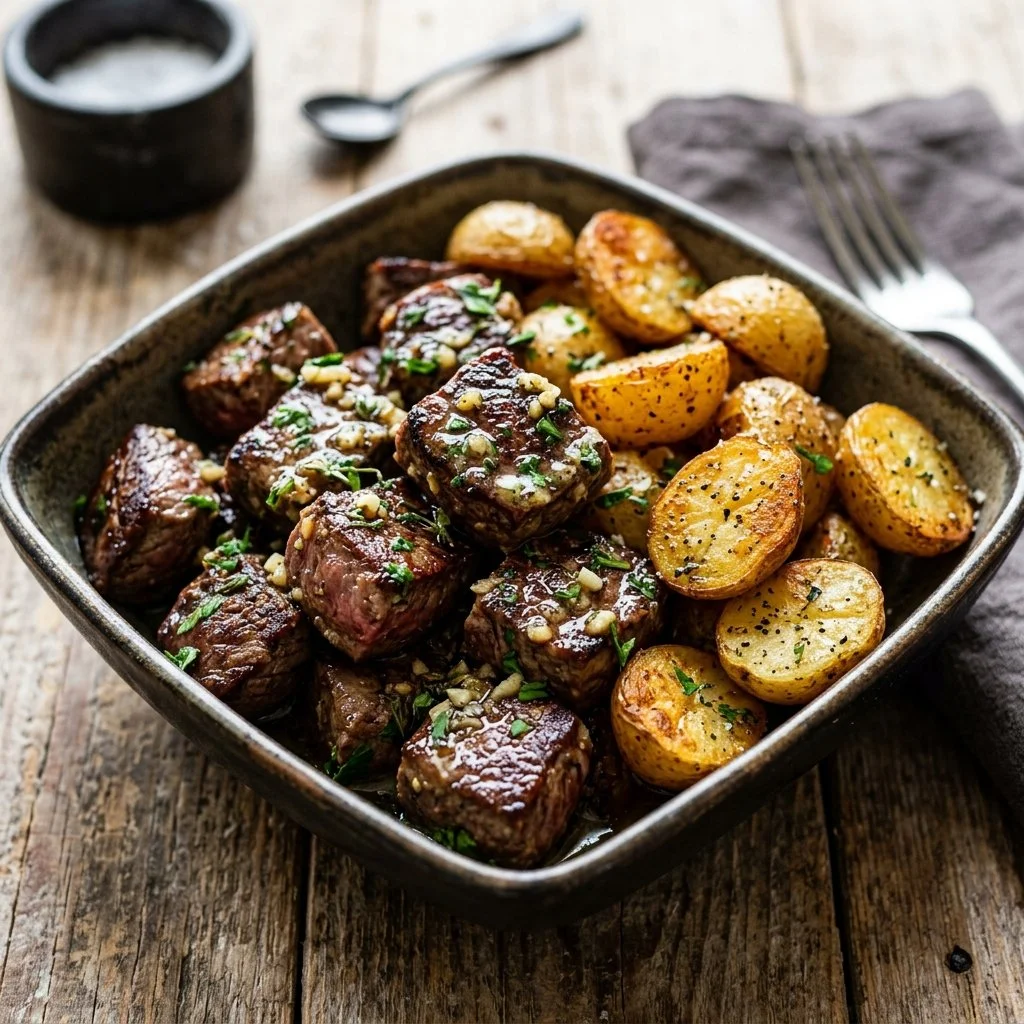 Delicious steak bites served with crispy potatoes for a mouthwatering meal