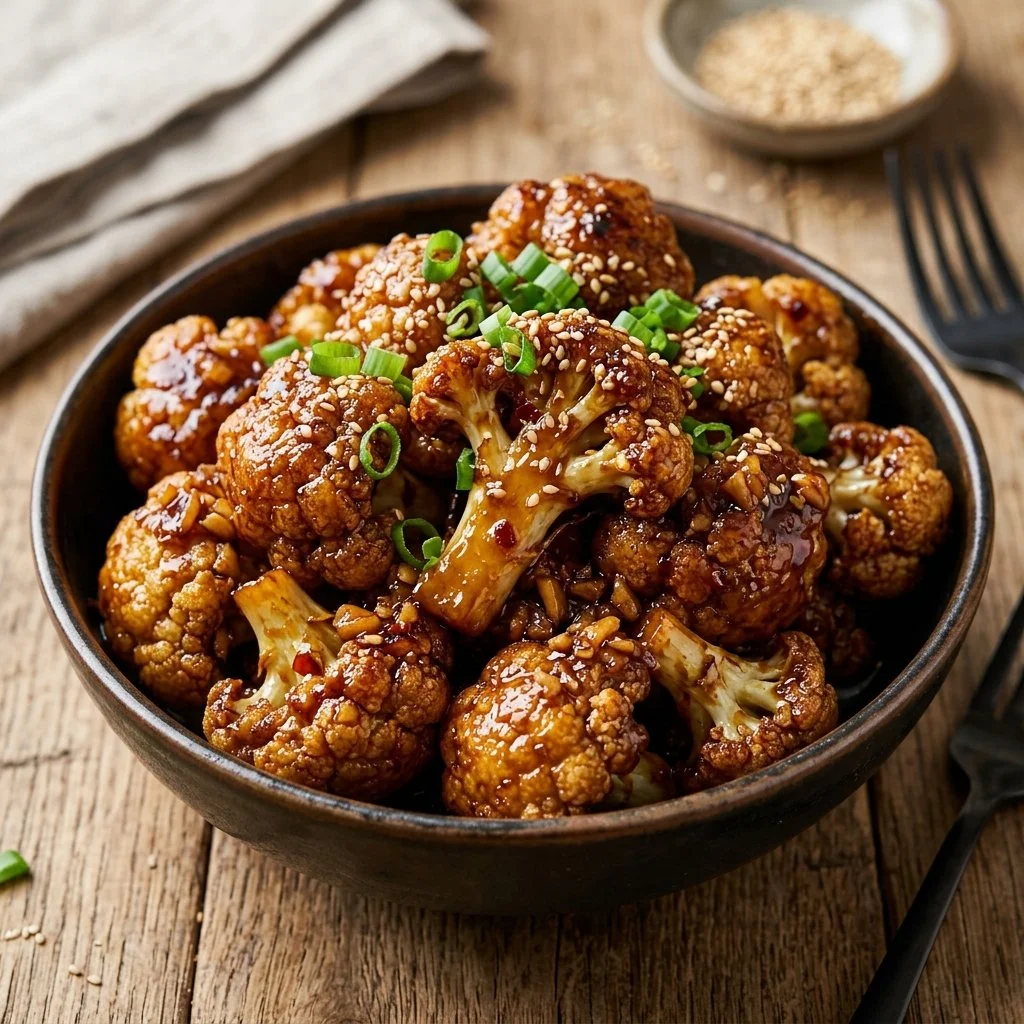 Sticky Honey Garlic Cauliflower dish served in a bowl with garnish.