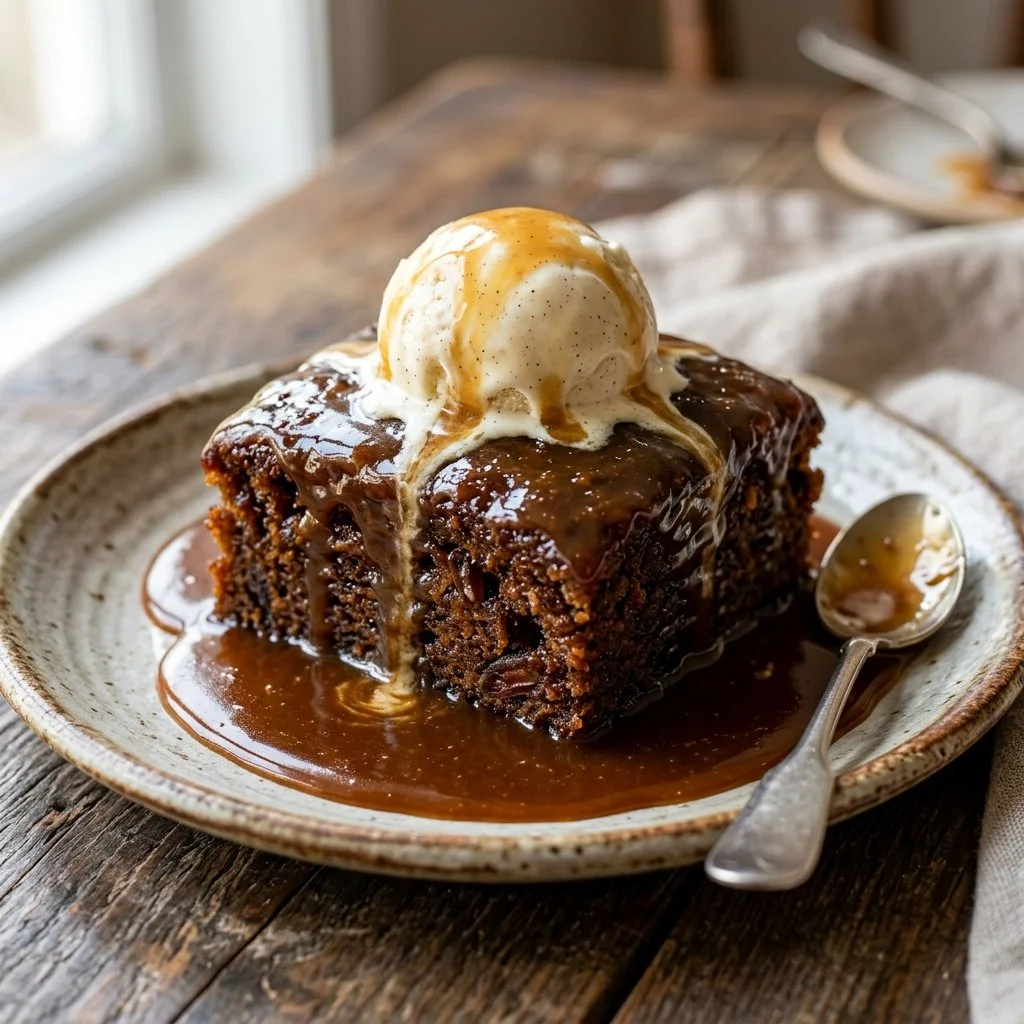 Delicious Sticky Toffee Pudding drizzled with warm toffee sauce on a plate.