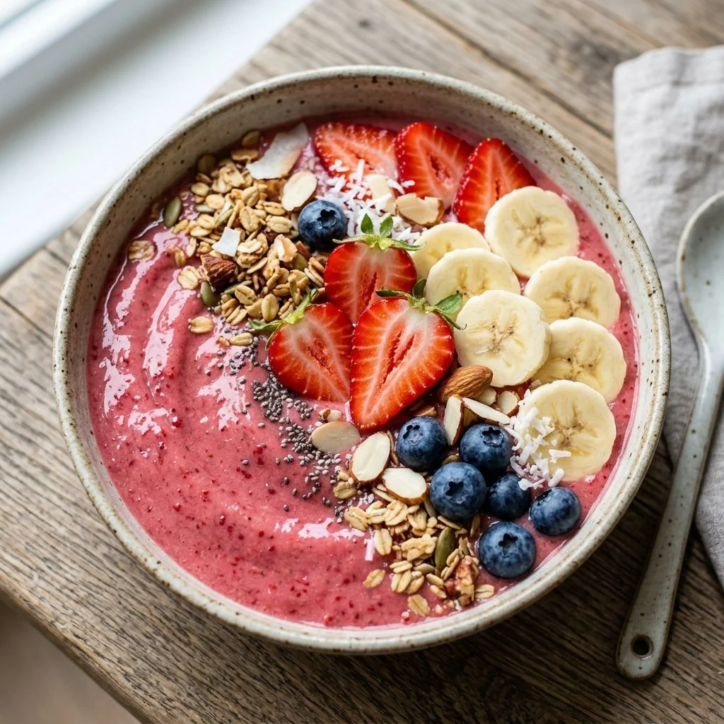 Delicious strawberry banana smoothie bowl topped with fresh fruits and nuts