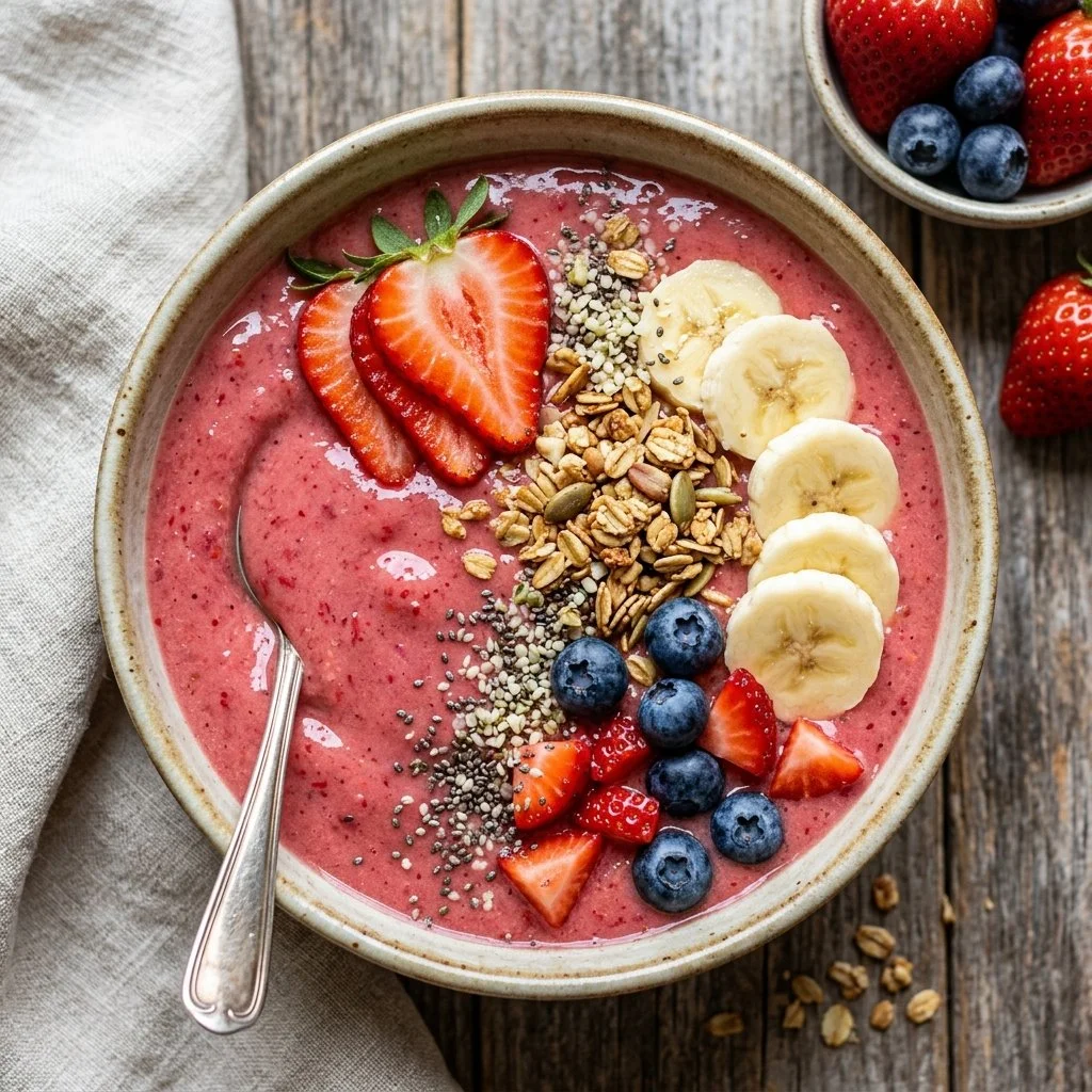 Strawberry banana smoothie bowl topped with fresh fruits and granola.