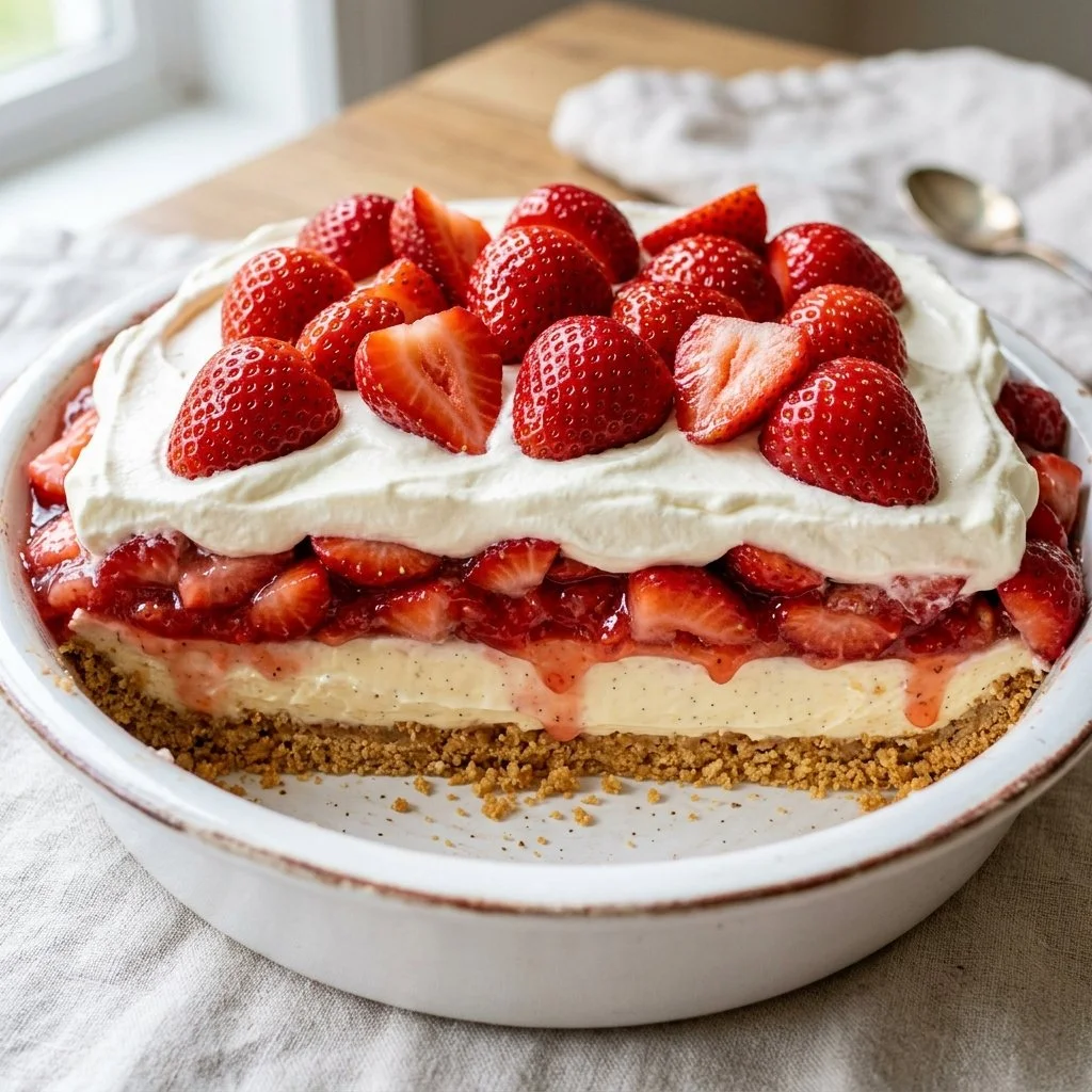 Delicious Strawberry Cheesecake Lush dessert in a glass, featuring fresh strawberries.