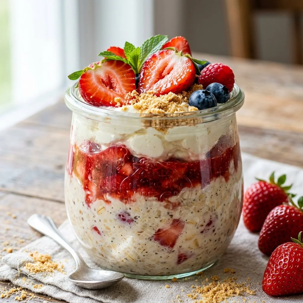 A bowl of strawberry cheesecake overnight oats topped with fresh strawberries.