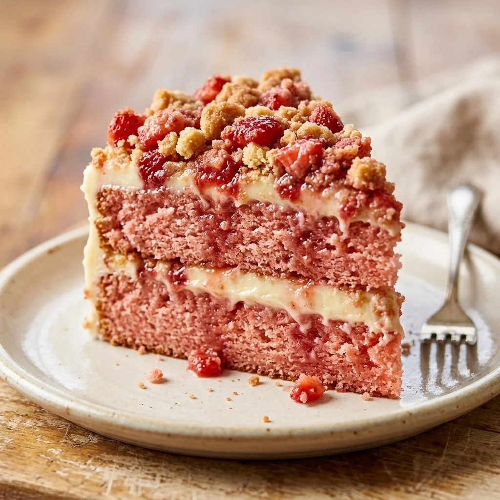Strawberry Crunch Cake with fresh strawberries and crunchy topping