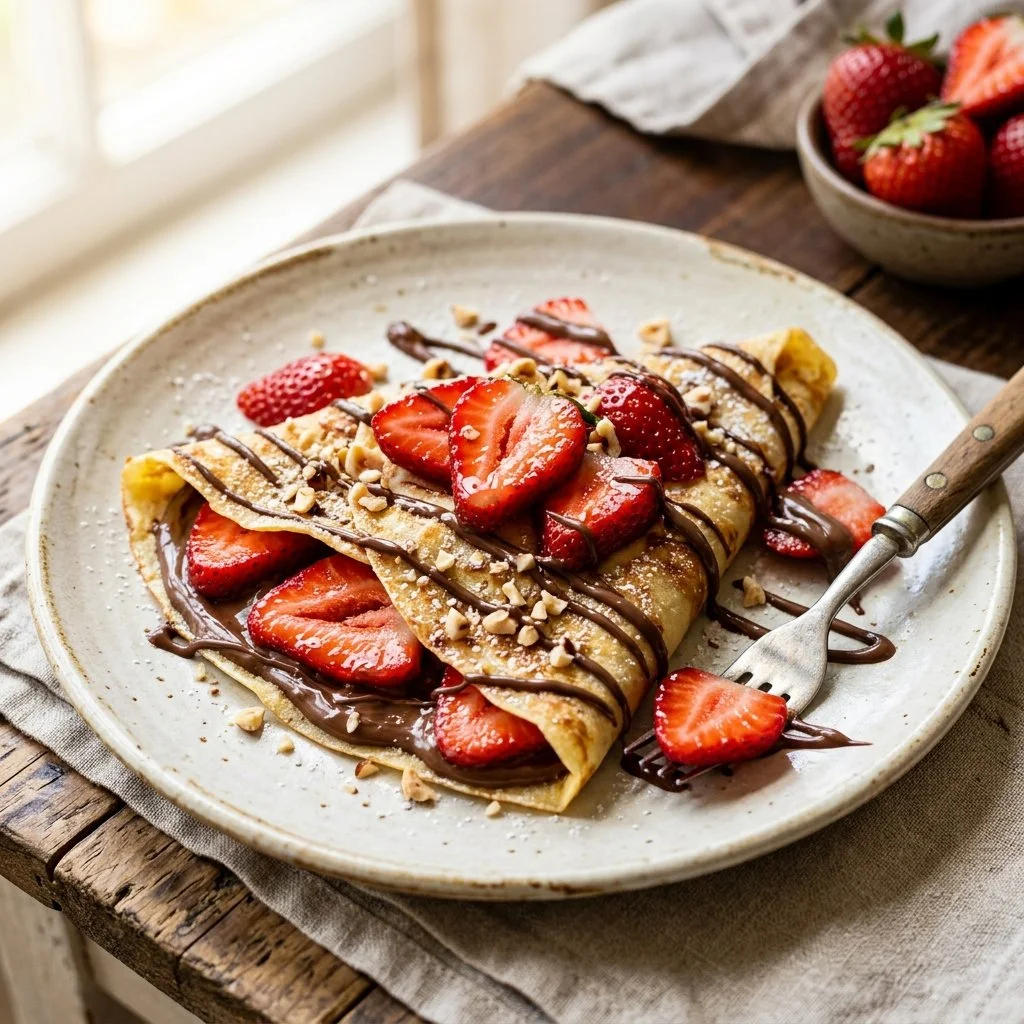 Delicious Strawberry Nutella Crepes topped with fresh strawberries