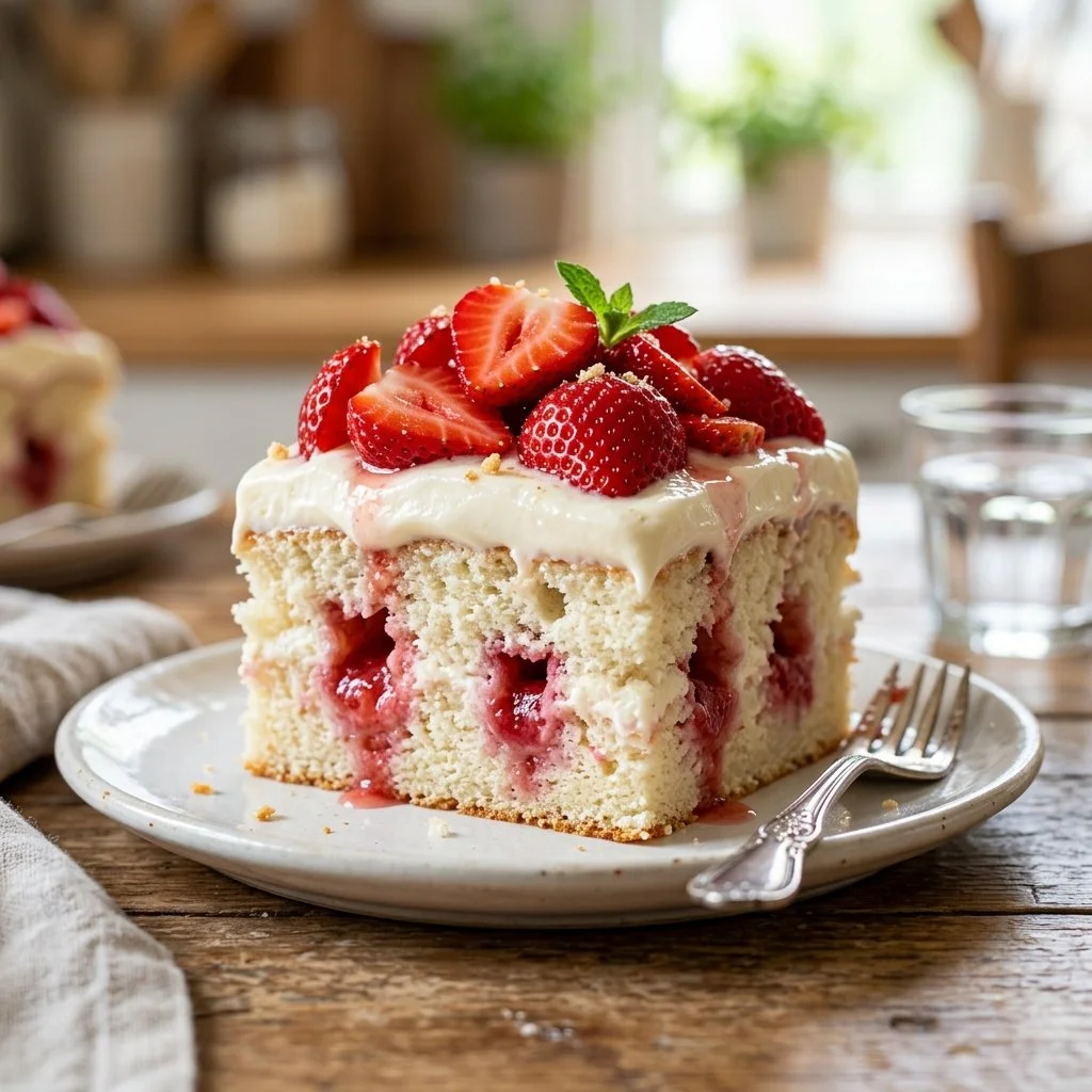 Delicious strawberry poke cake topped with fresh strawberries and whipped cream