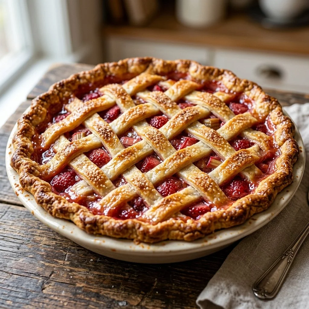 Homemade strawberry rhubarb pie with fresh strawberries and rhubarb.