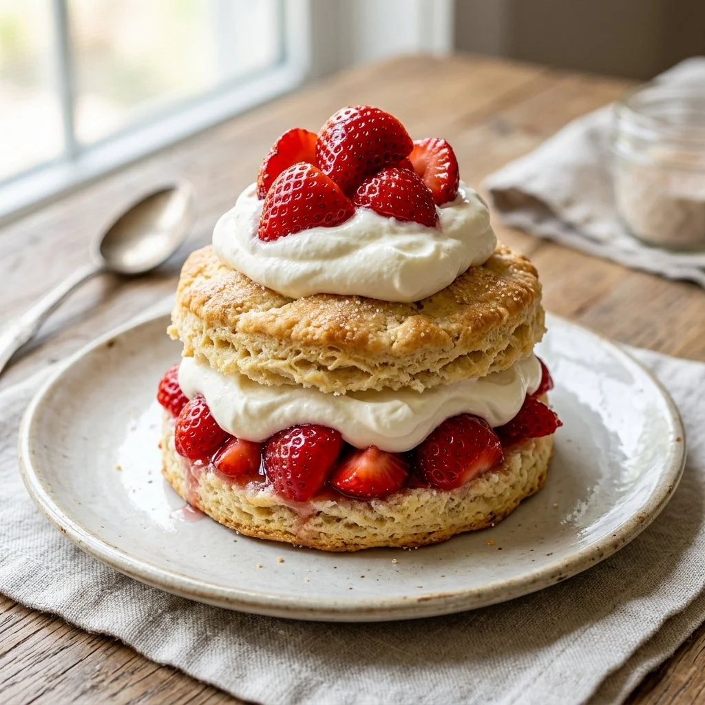 Delicious Strawberry Shortcake with fresh strawberries and whipped cream on top