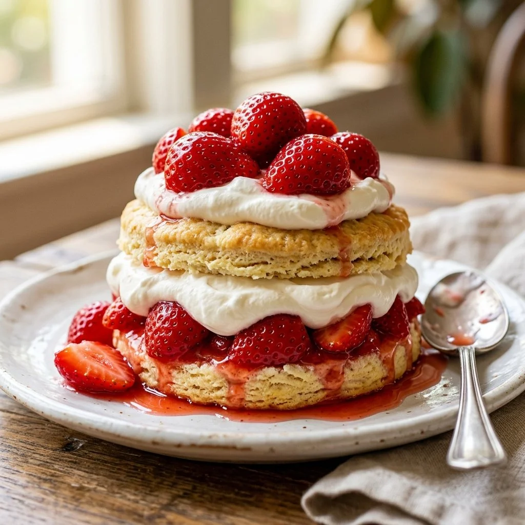 Delicious homemade strawberry shortcake with fresh strawberries and whipped cream