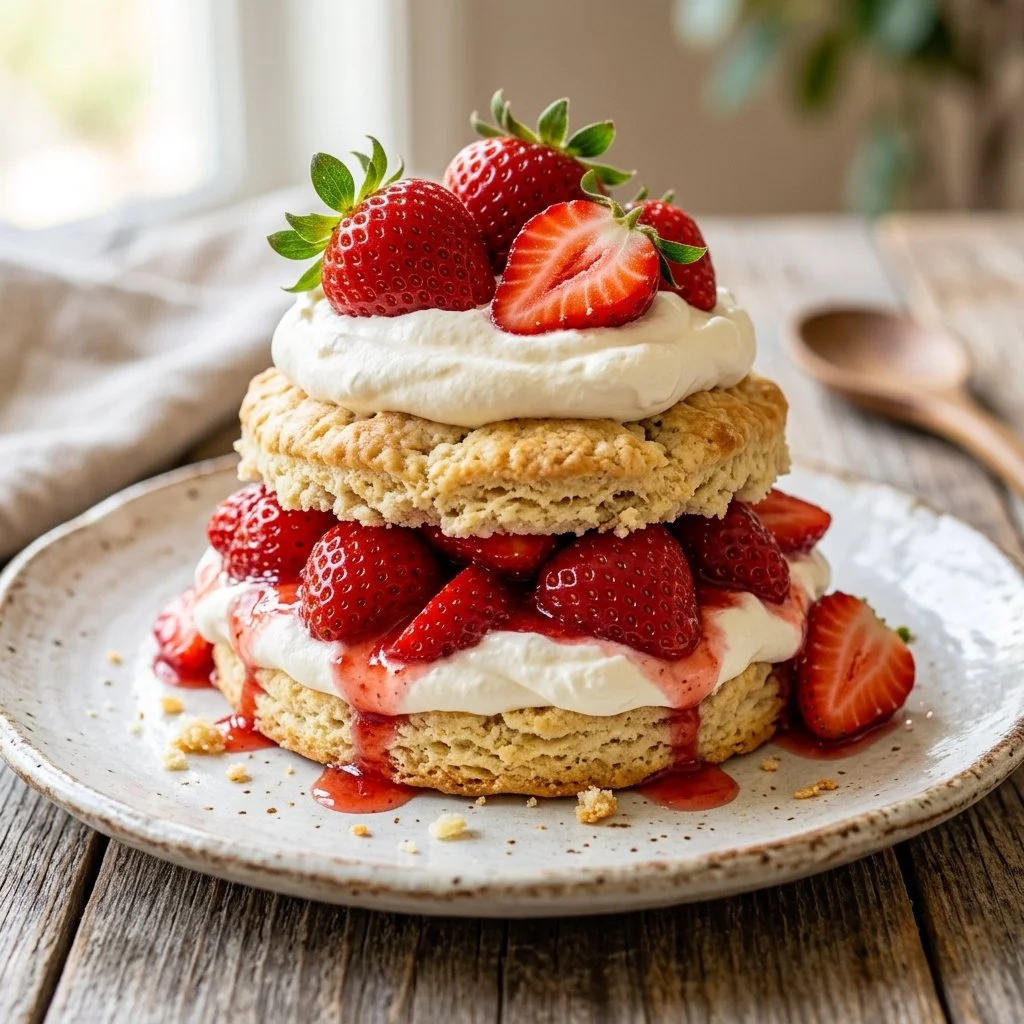 Delicious homemade strawberry shortcake topped with fresh strawberries and whipped cream.