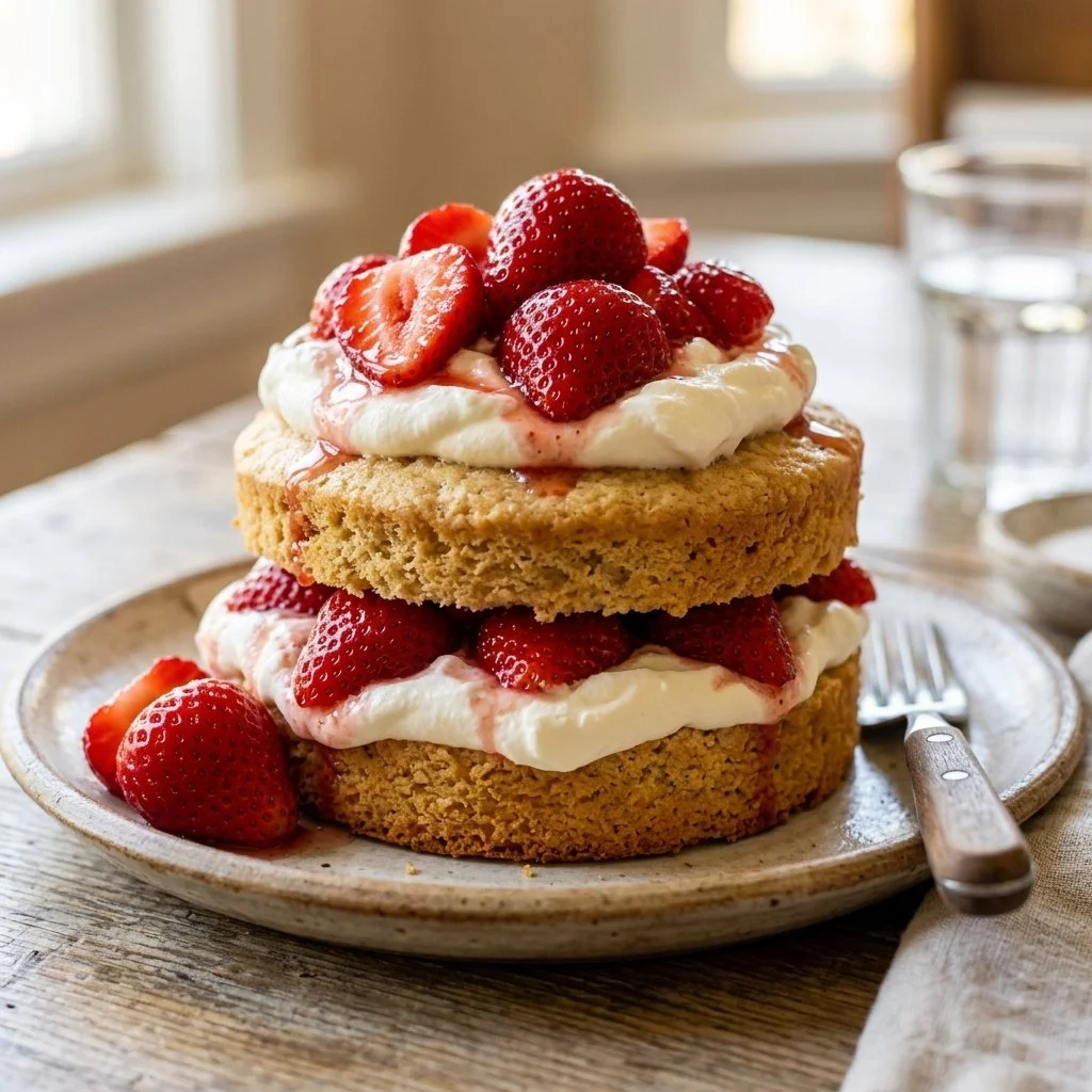 Delicious homemade Strawberry Shortcake dessert with fresh strawberries and whipped cream.