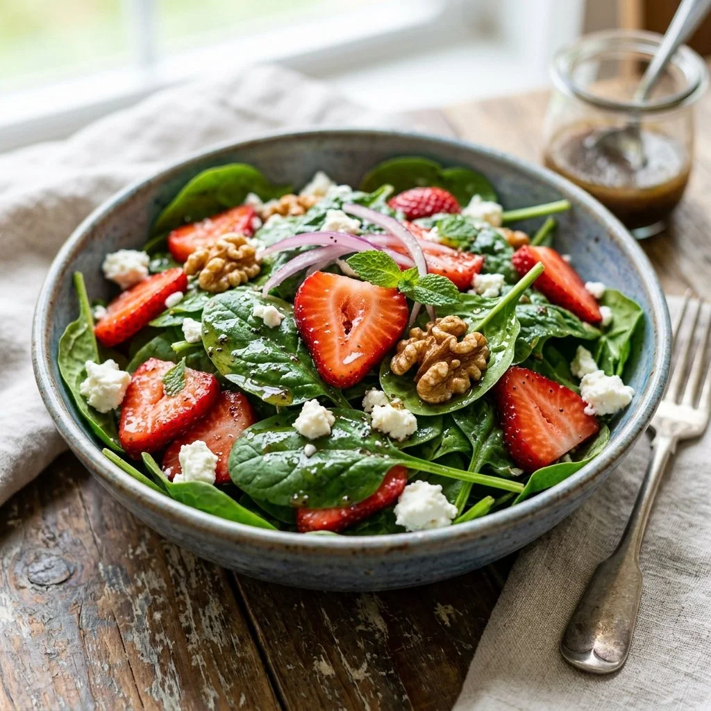 Fresh strawberry spinach salad with nuts and dressing
