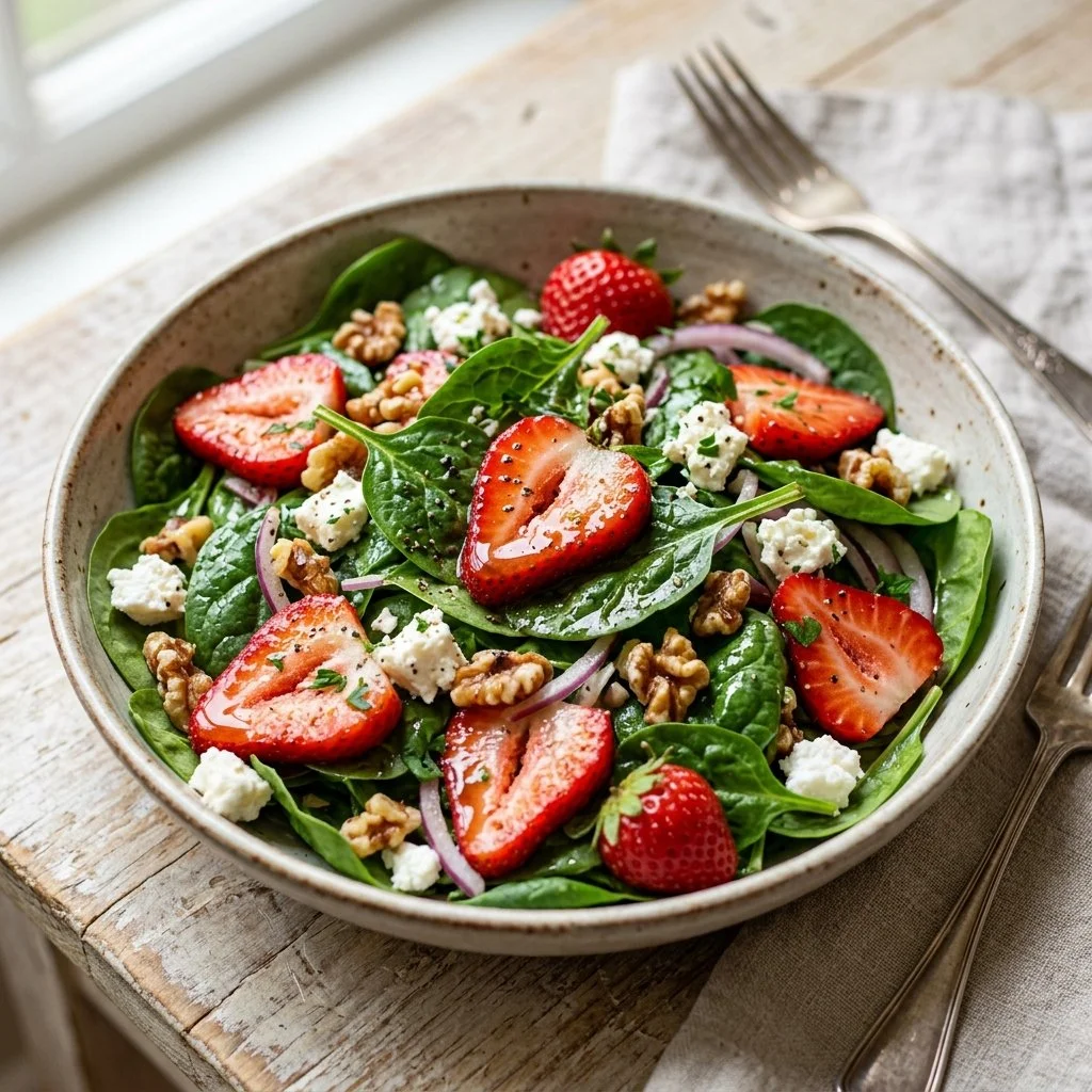 Colorful Strawberry Spinach Salad with fresh strawberries and leafy greens