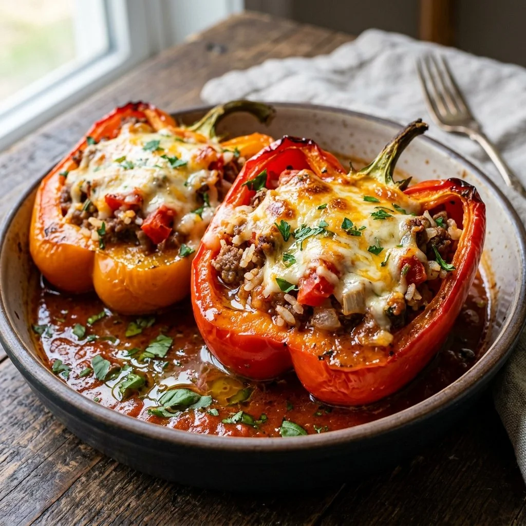 Delicious stuffed bell peppers filled with rice, beans, and herbs.