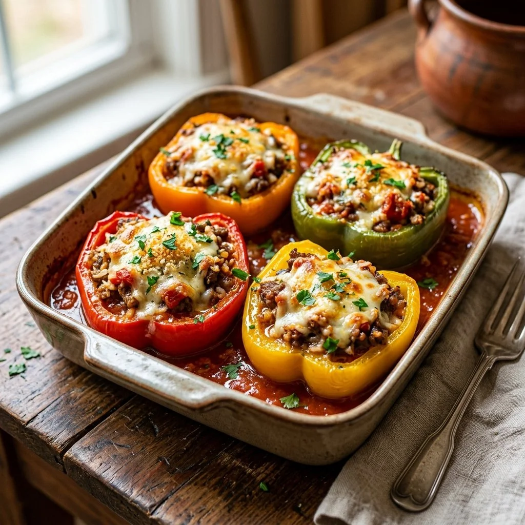 Colorful stuffed bell peppers filled with rice, meat, and vegetables
