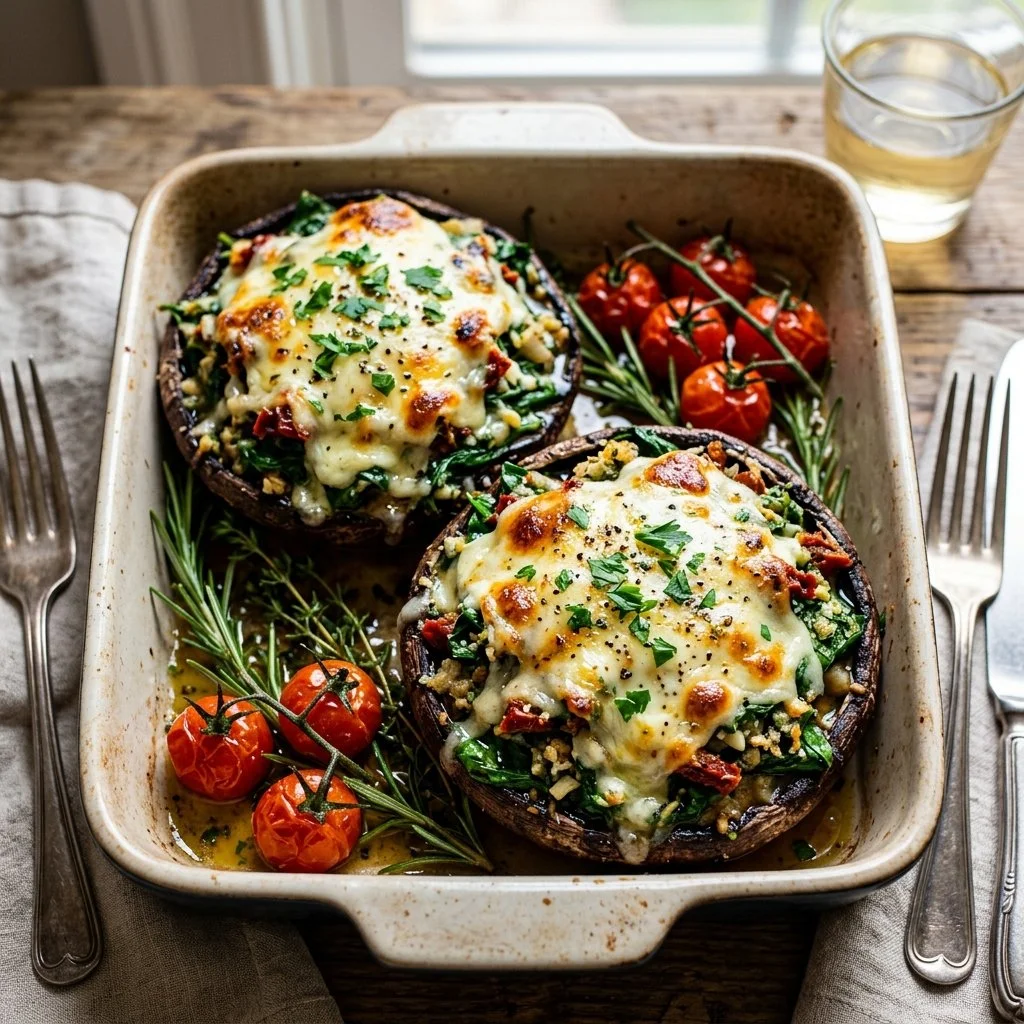 Stuffed portobello mushrooms with savory filling on a plate.