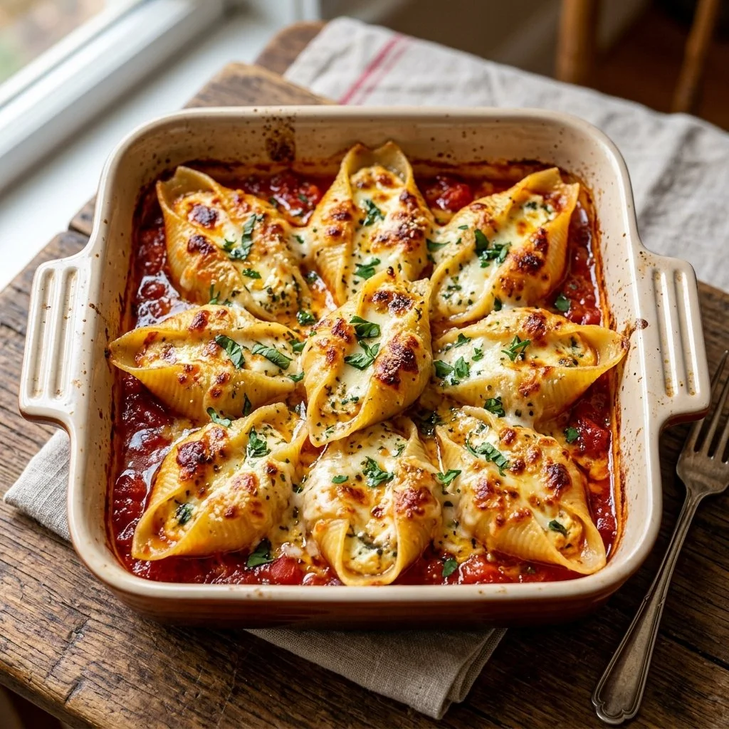 Delicious stuffed shells filled with cheese and herbs, ready to be served.