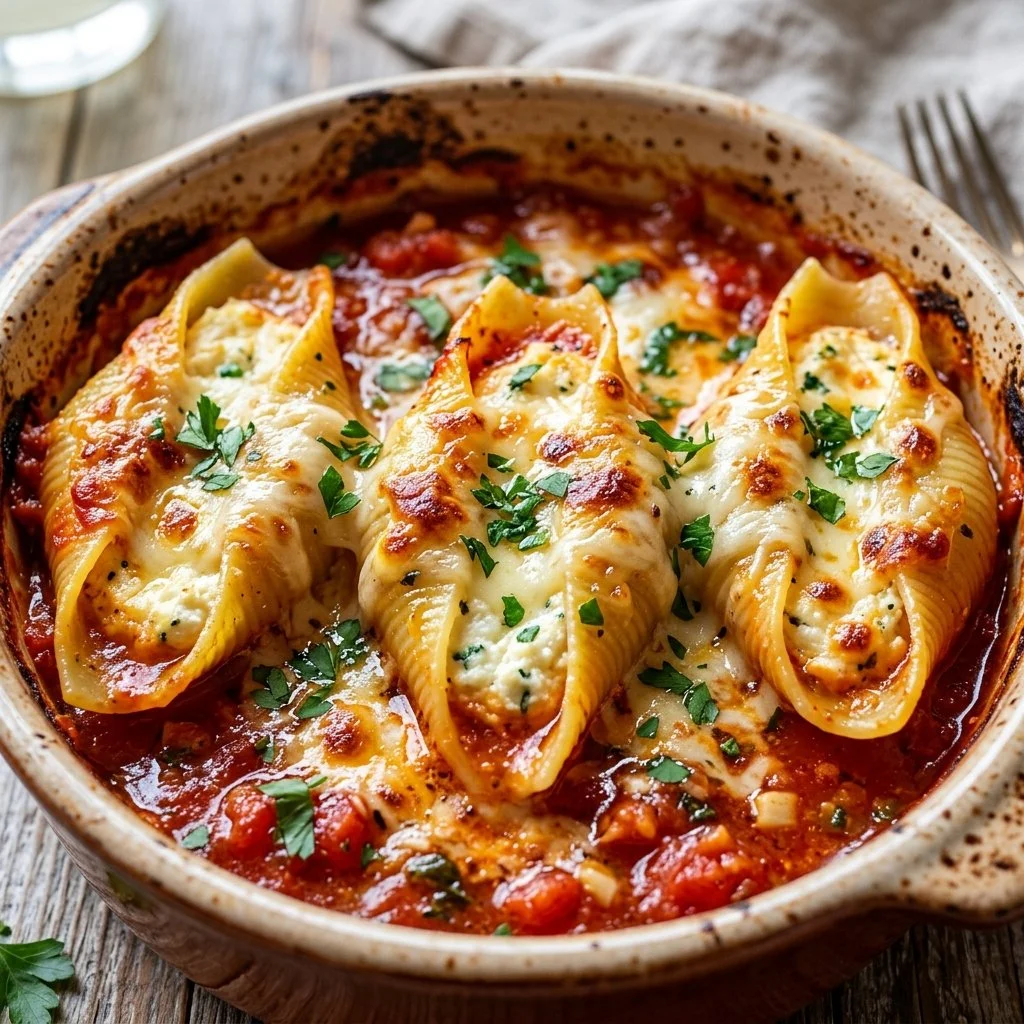 A plate of cheesy stuffed shells filled with ricotta and topped with marinara sauce.