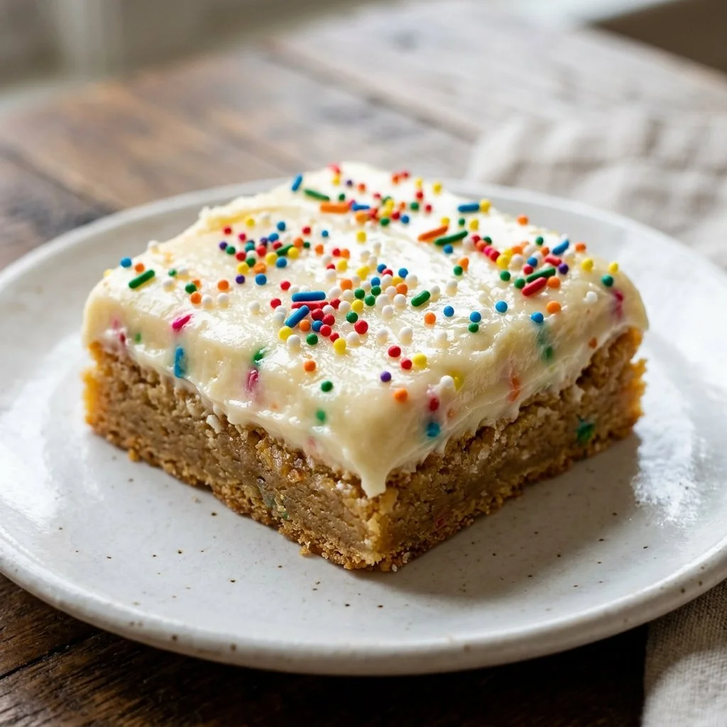 Delicious homemade sugar cookie bars topped with sprinkles on a wooden plate.