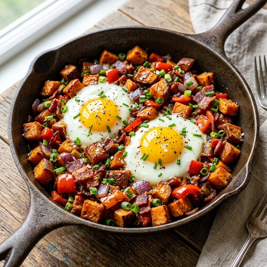 Colorful sweet potato breakfast hash with vegetables and eggs in a skillet.