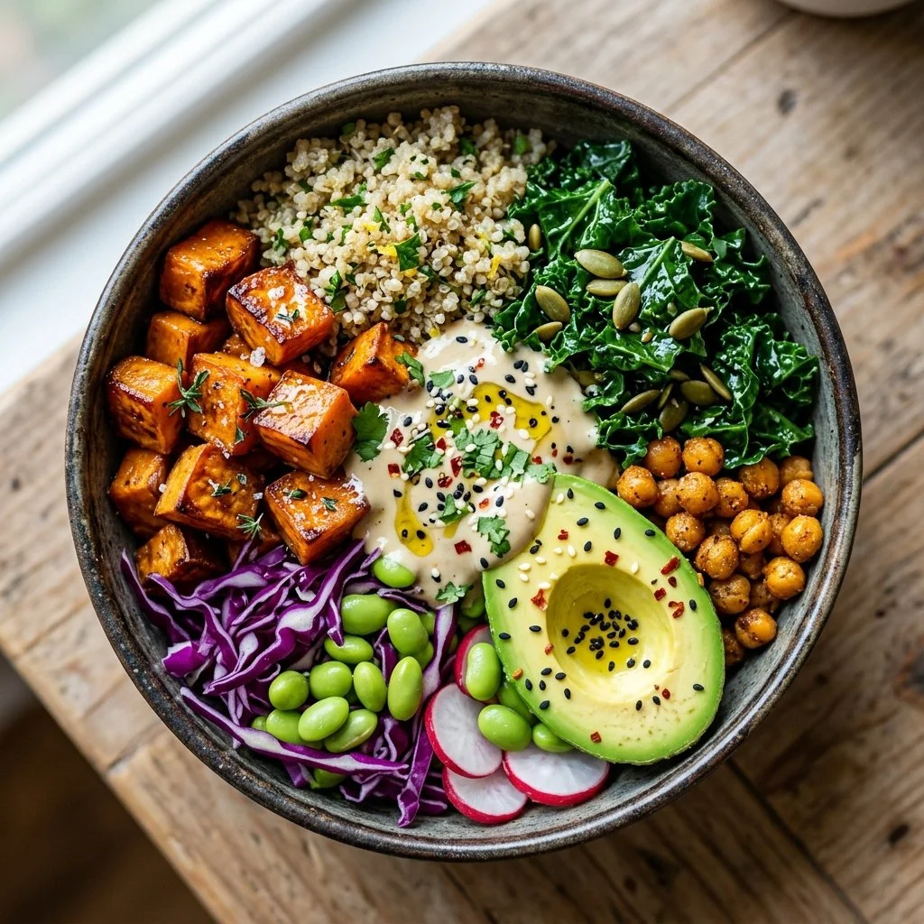 Colorful Sweet Potato Buddha Bowl with vegetables and grains