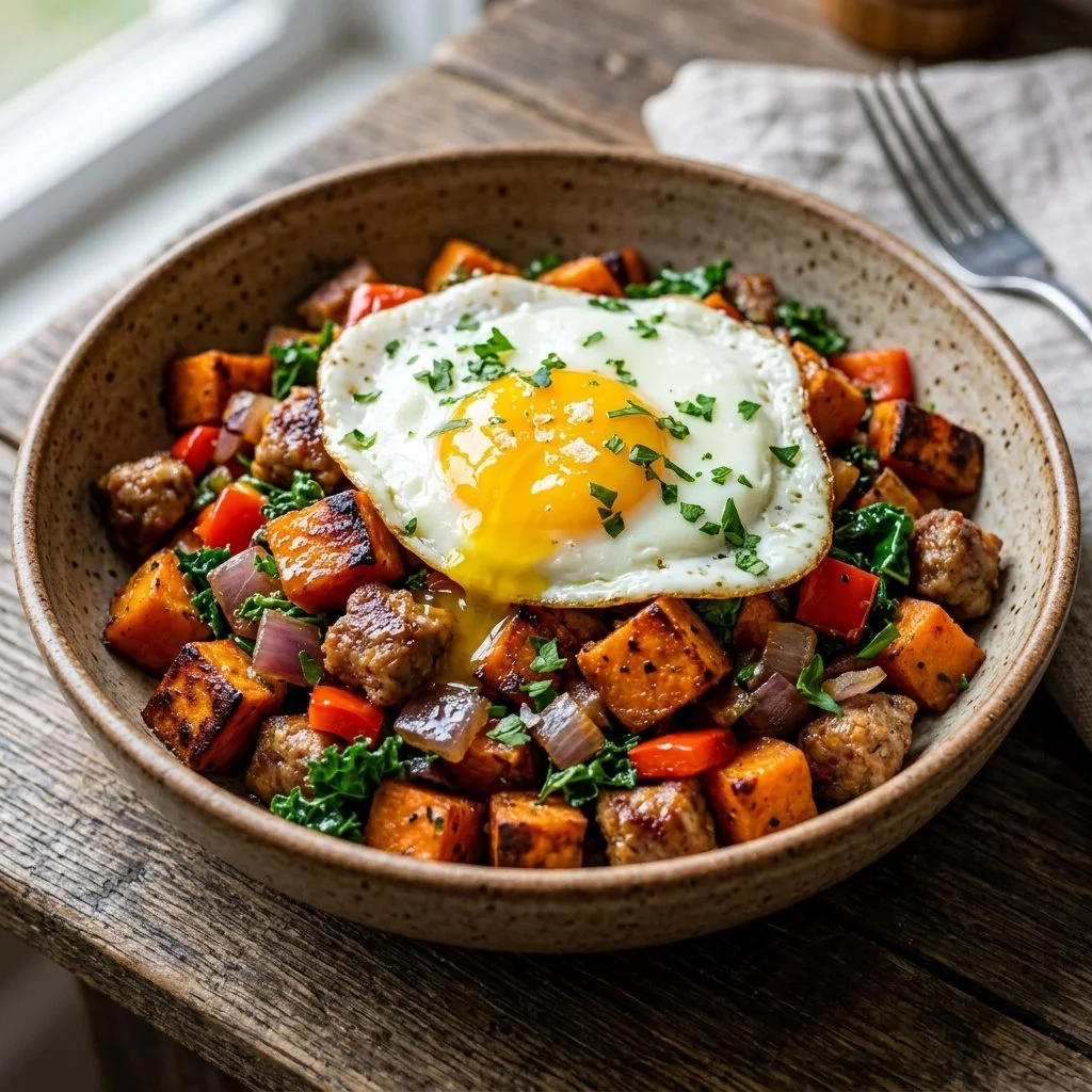 Colorful sweet potato hash with vegetables in a skillet.