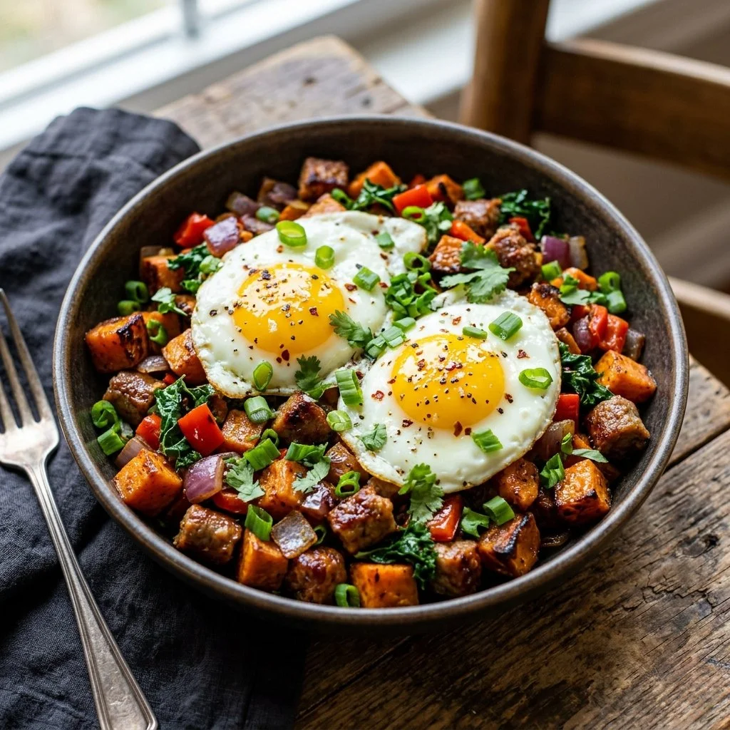 Colorful Sweet Potato Hash with vegetables in a skillet